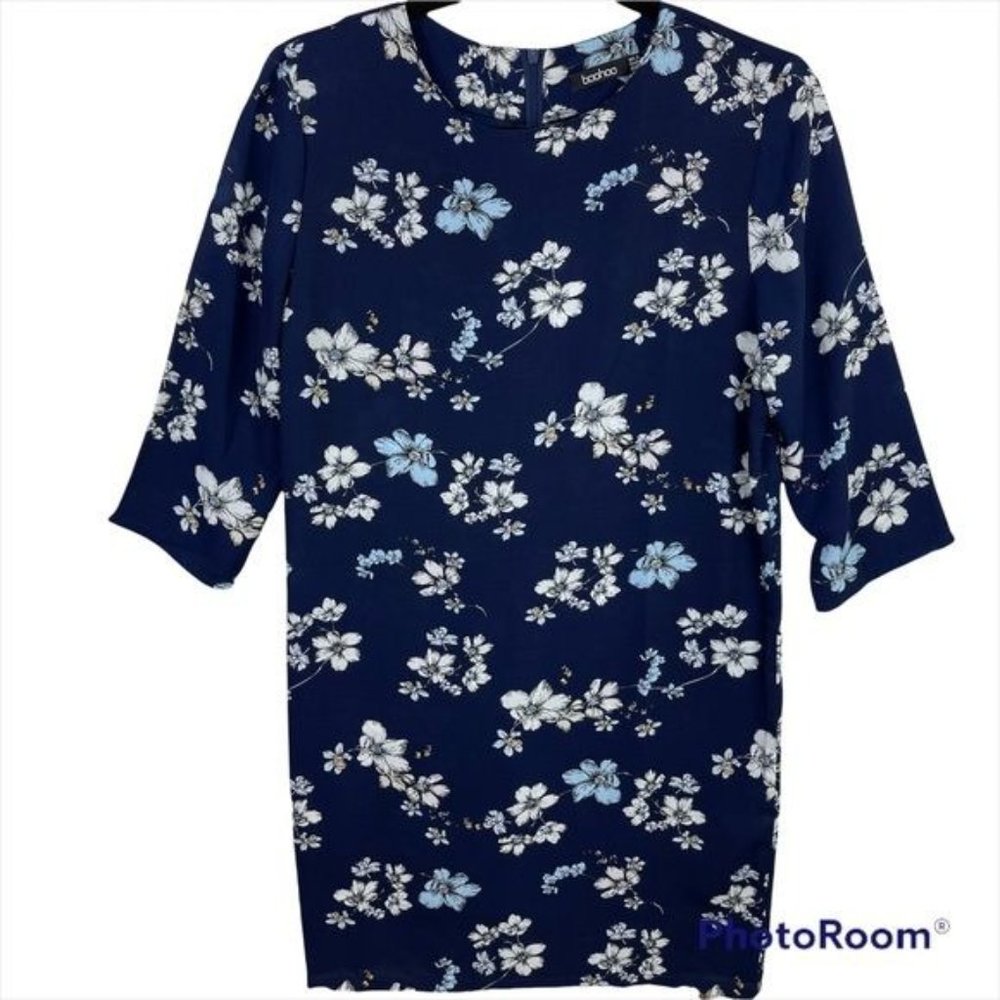 Boohoo Lucia Navy Floral 3/4 Sleeve Shift Dress Size 4
